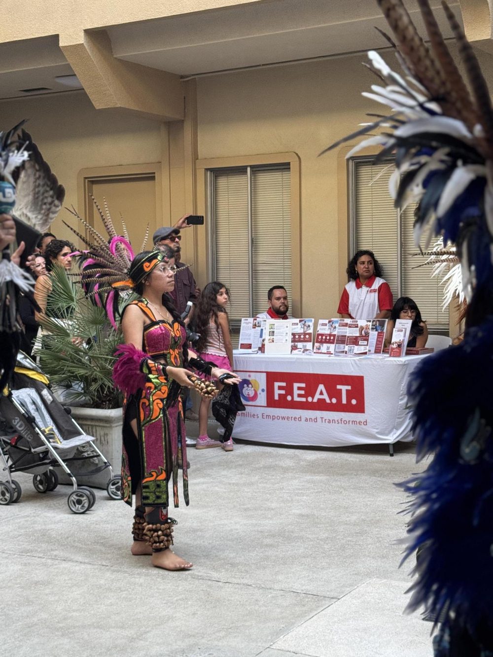 A Danza Azteca dancer performing at the celebration