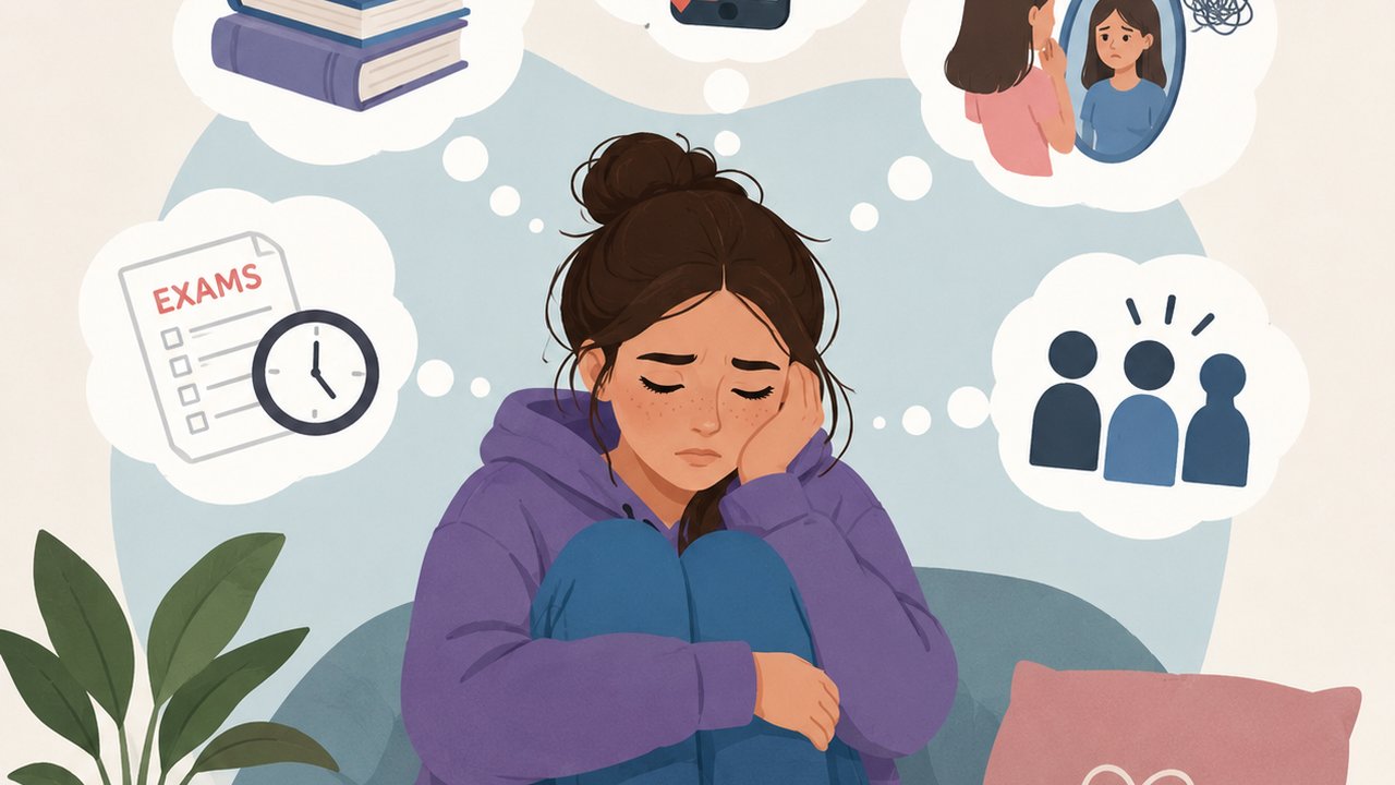 An illustration of a teenager overwhelmed by school and social pressures