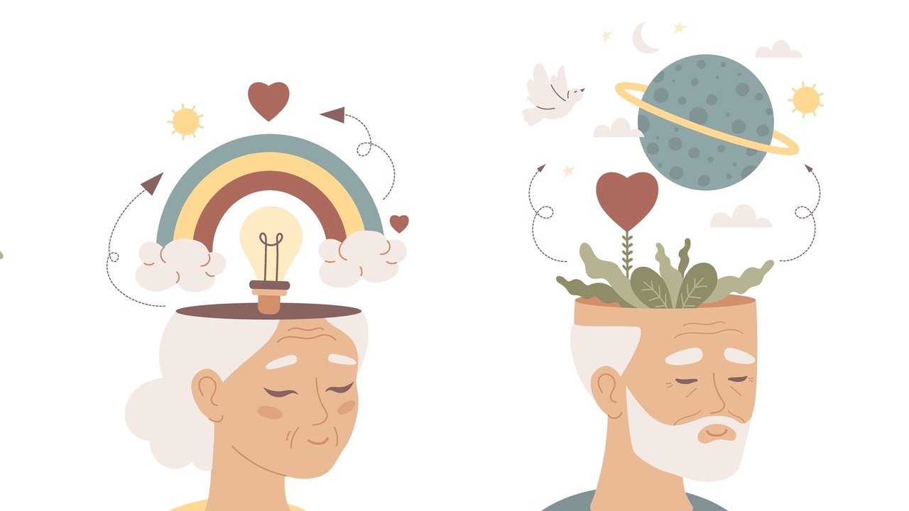 An illustration of two older adults with imagination and life growing from their minds