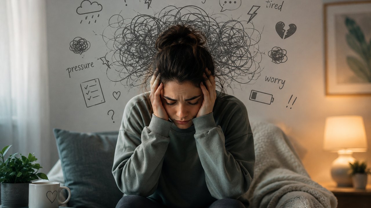 A person sitting with head in hands, surrounded by sketched worries