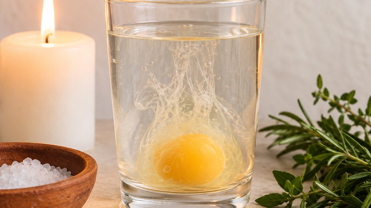 An egg cleansing (limpia) in a glass of water