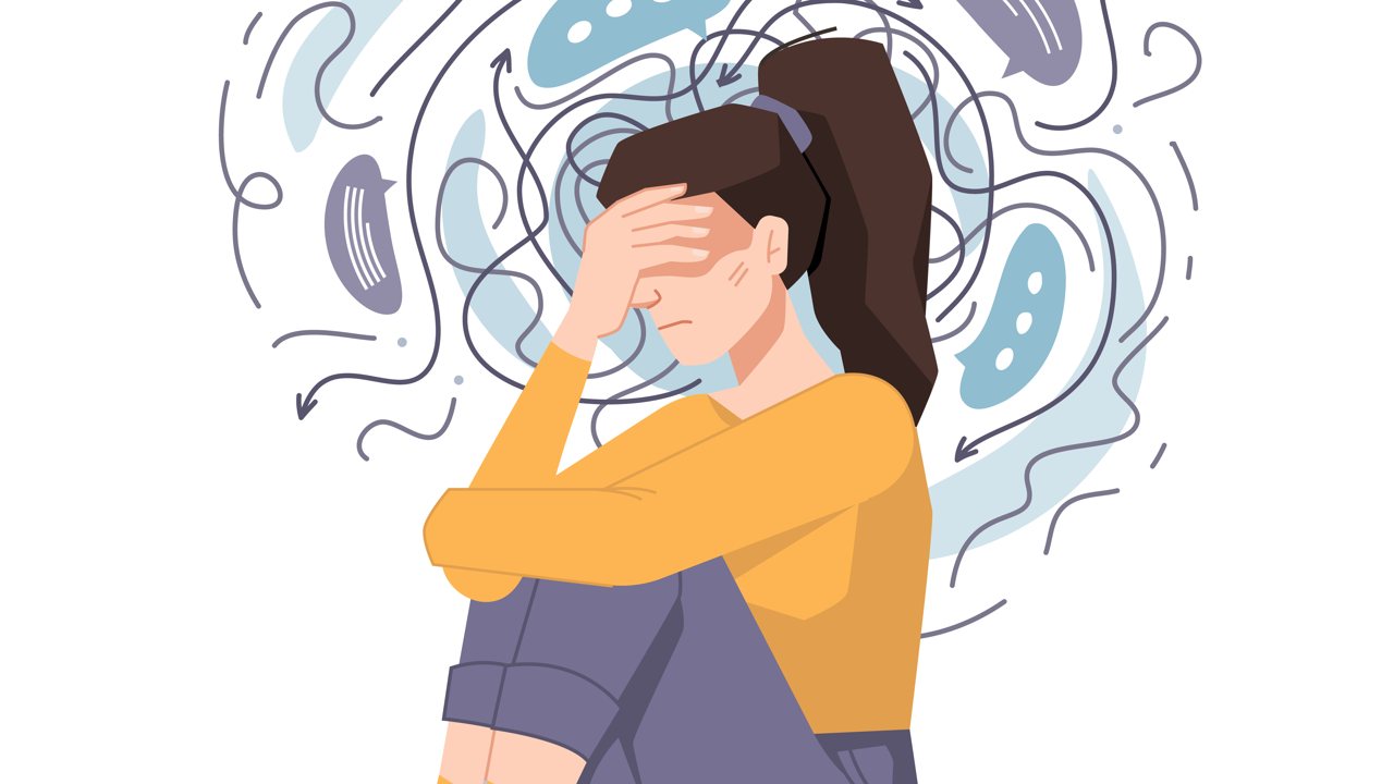 A person surrounded by swirling, tangled thoughts