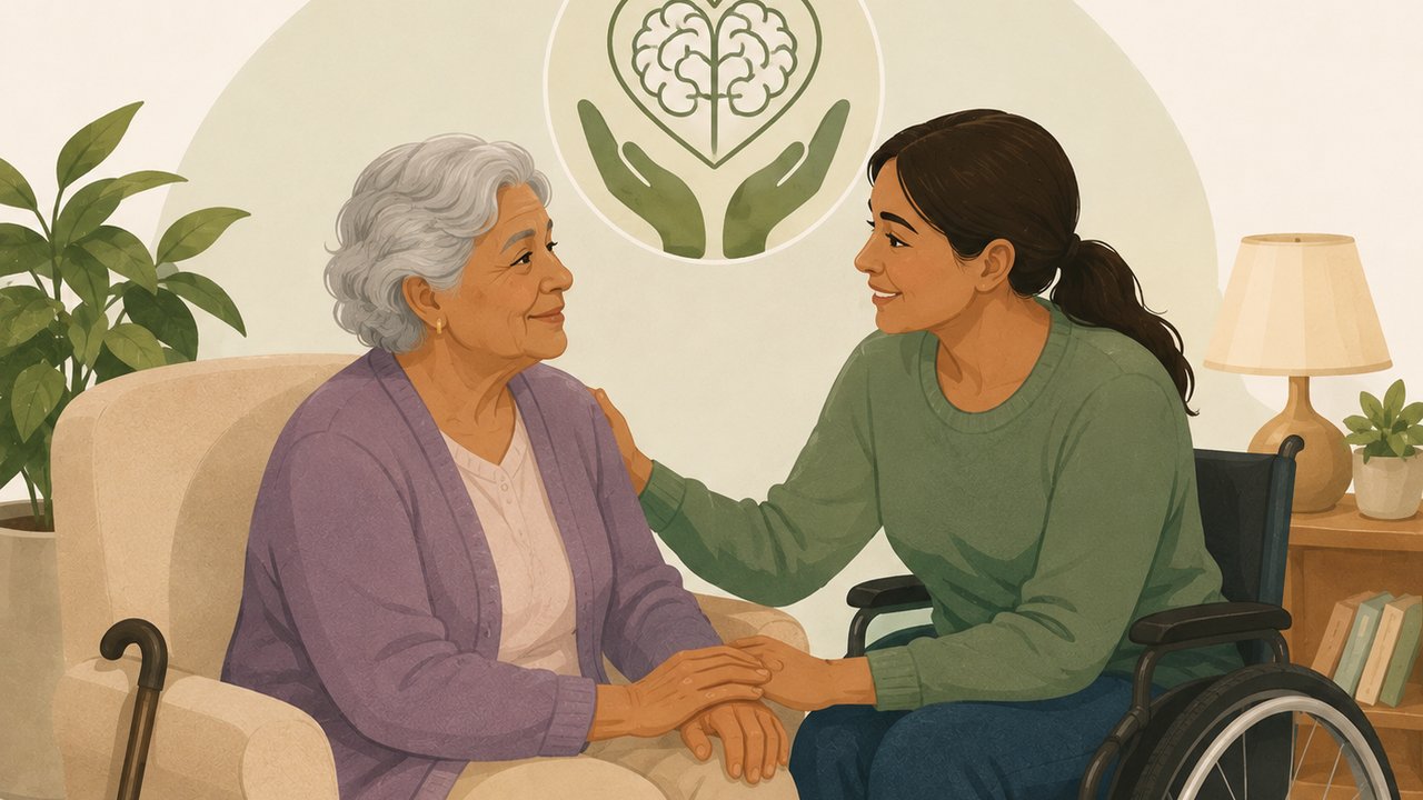 An illustration of a caregiver with an older woman, one seated using a wheelchair